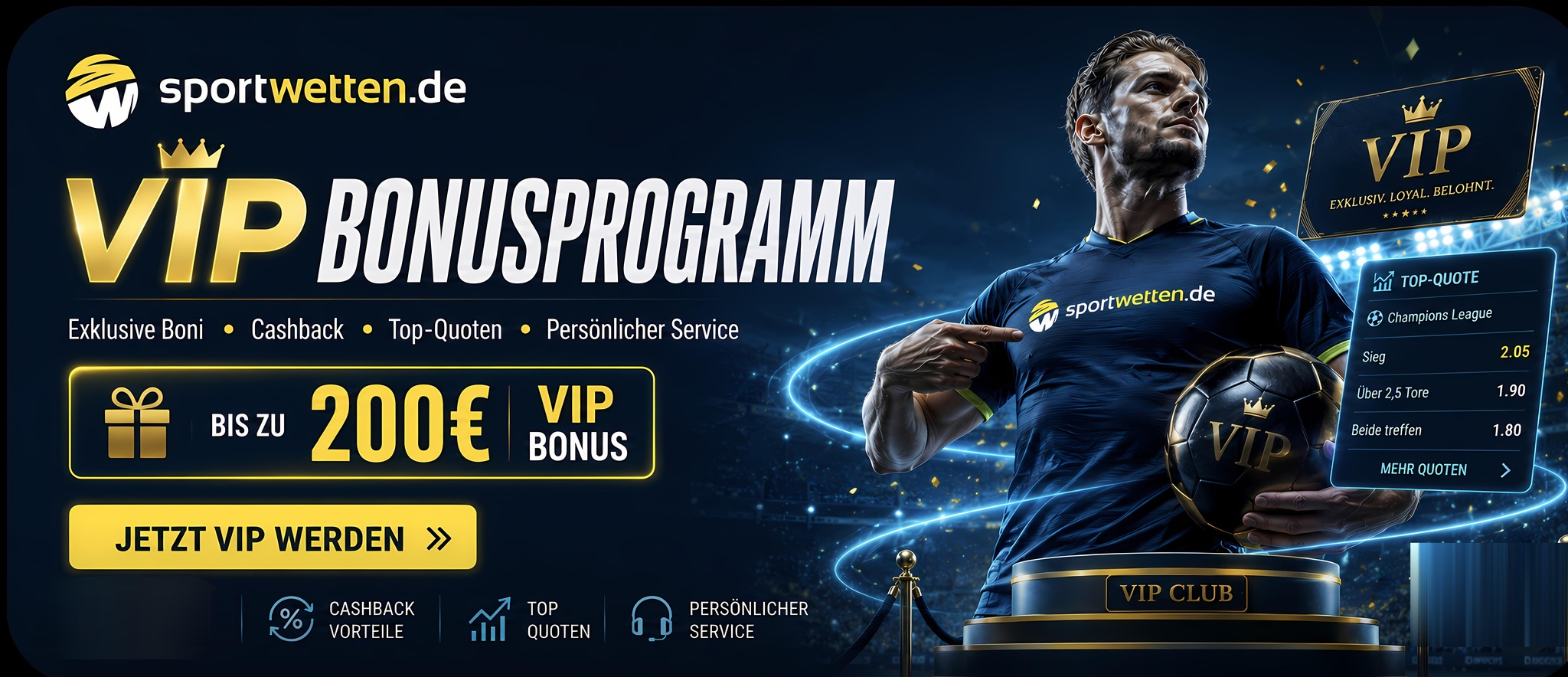 VIP Bonusprogramm: Exklusive Boni, Cashback, Top-Quoten und persönlicher Service – bis zu 200 Euro VIP-Bonus